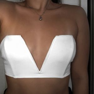 White deep plunge strapless bandeau top